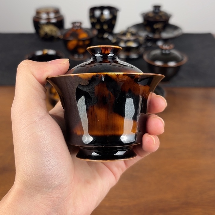 瓷玳瑁釉二才马蹄盖碗