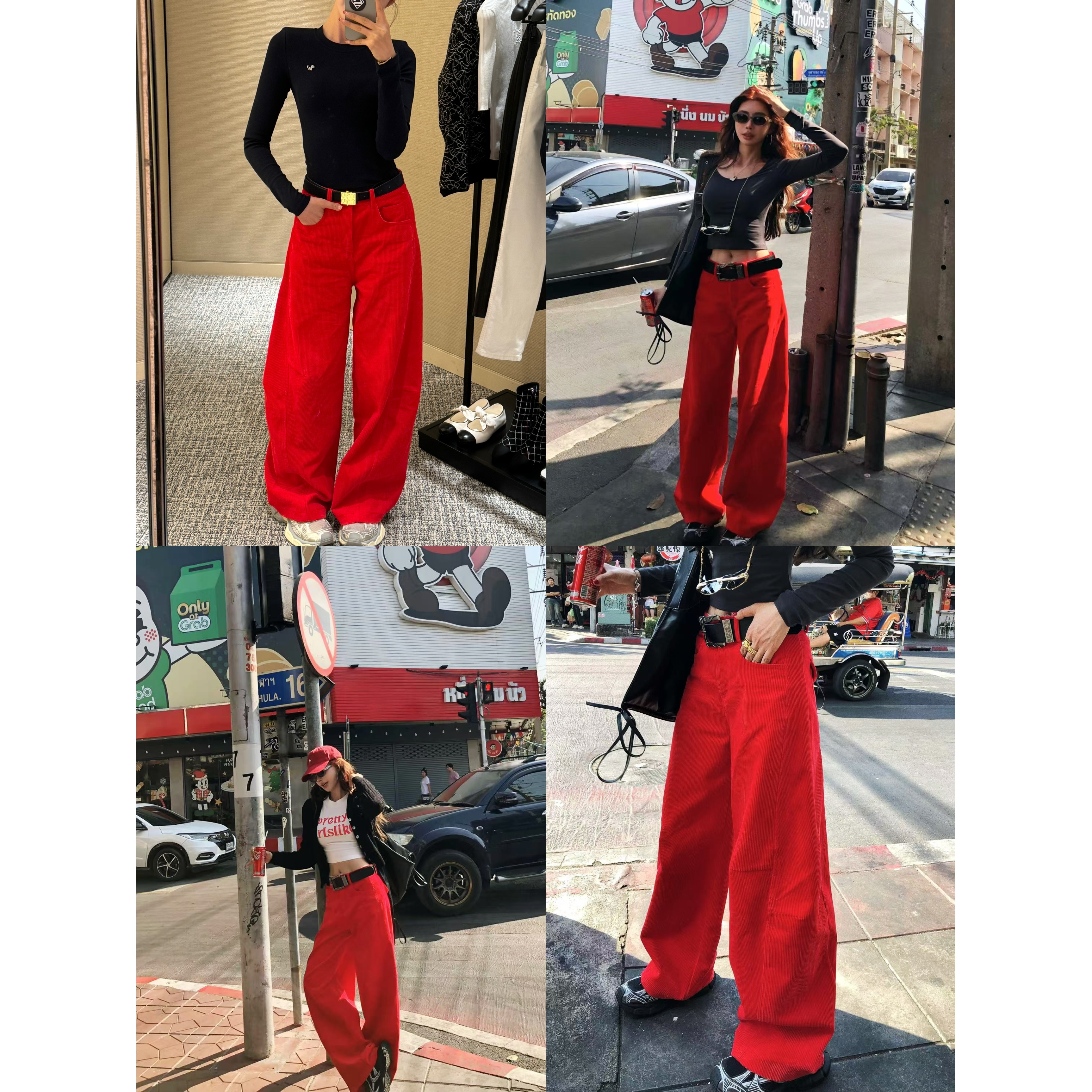 婉君【时髦红】早春设计感灯芯绒垂直阔腿百搭休闲裤LWJ25A1K036
