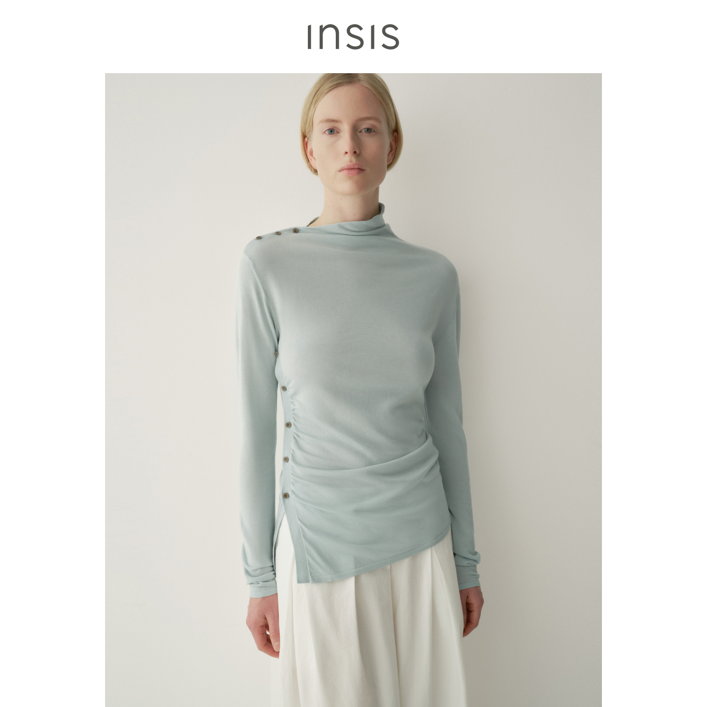 INSIS FEMME天丝2026春季新款极简文艺斜肩扣饰针织套头衫上衣女