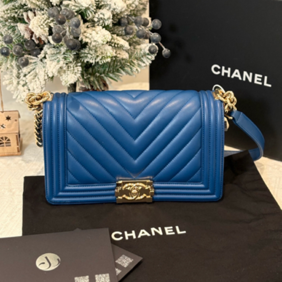 95新 Chanel/香奈儿 香奈儿 中号 蓝色 V纹leboy 蓝金牛/JW0150