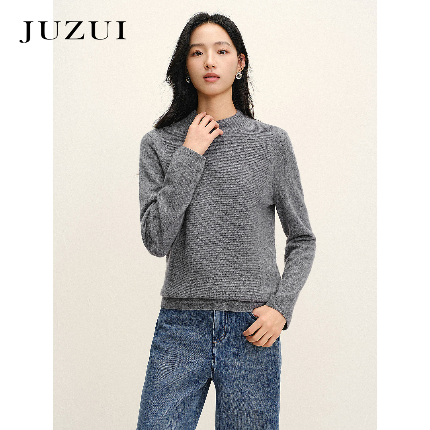JUZUI玖姿简约静奢圆领H型山羊绒针织衫女2025冬季新款JWFD31030