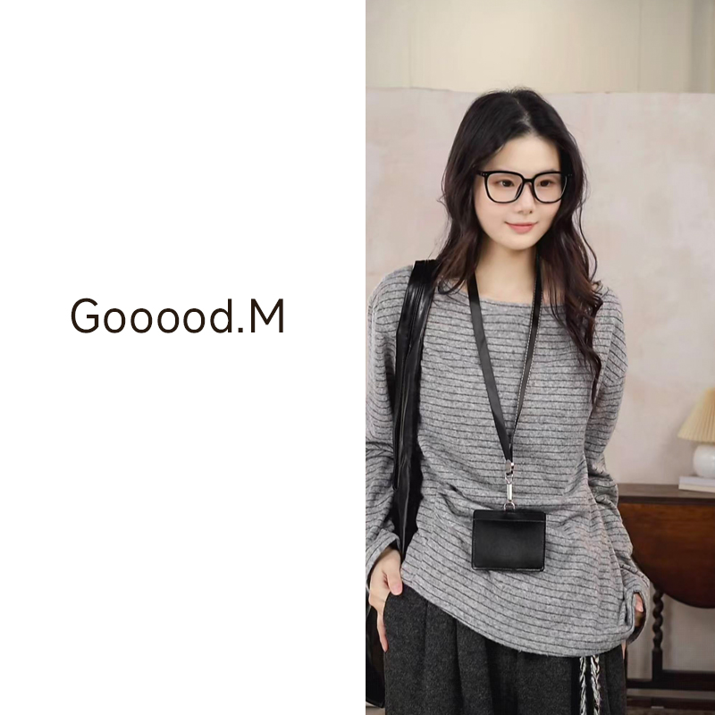 细横条纹宽松一字肩圆领T恤时尚打底女羊毛长袖休闲8I0915S06X1