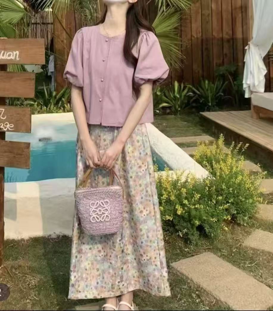 【拍套装有发箍】法式温柔甜美泡泡袖上衣配碎花长裙显瘦两件套