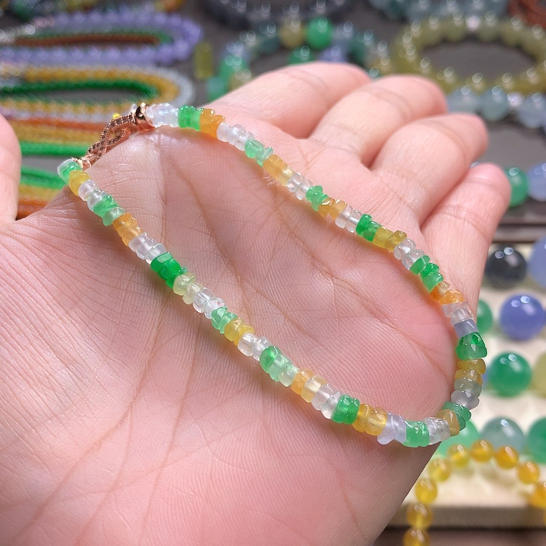 翡翠未镶嵌手链多彩碎碎冰