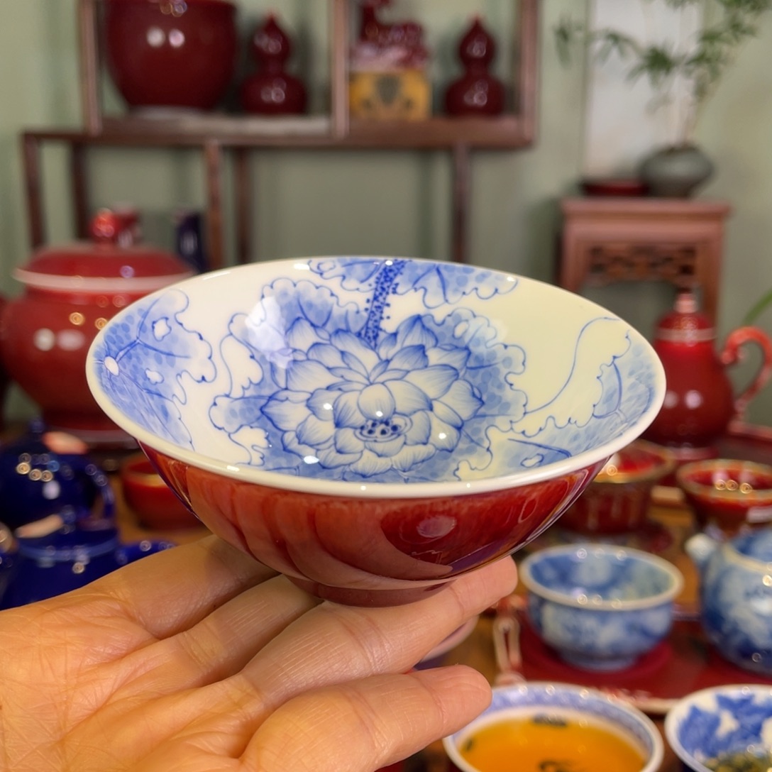 清欢雅玩原矿郎红内绘荷花杯