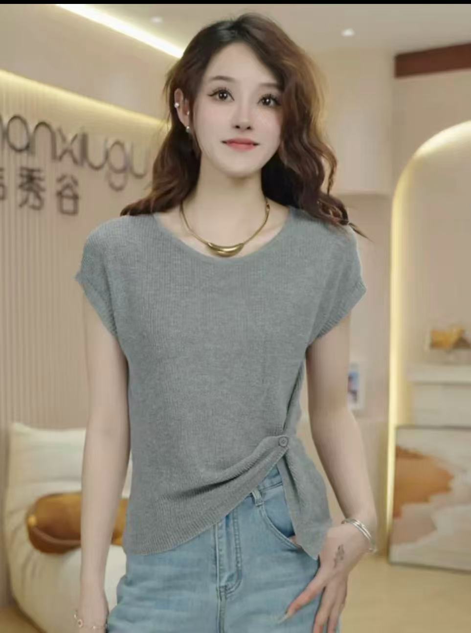 夏季时尚圆领短袖全棉针织衫女