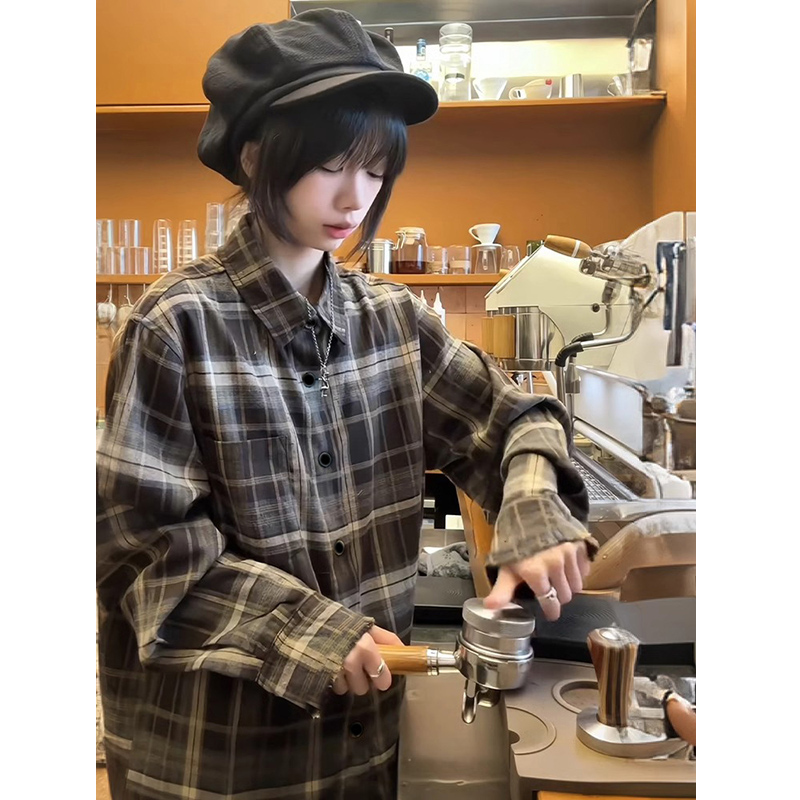 707同款咖啡色格子长袖衬衫男款春秋vintage叠穿翻领衬衣情侣外套