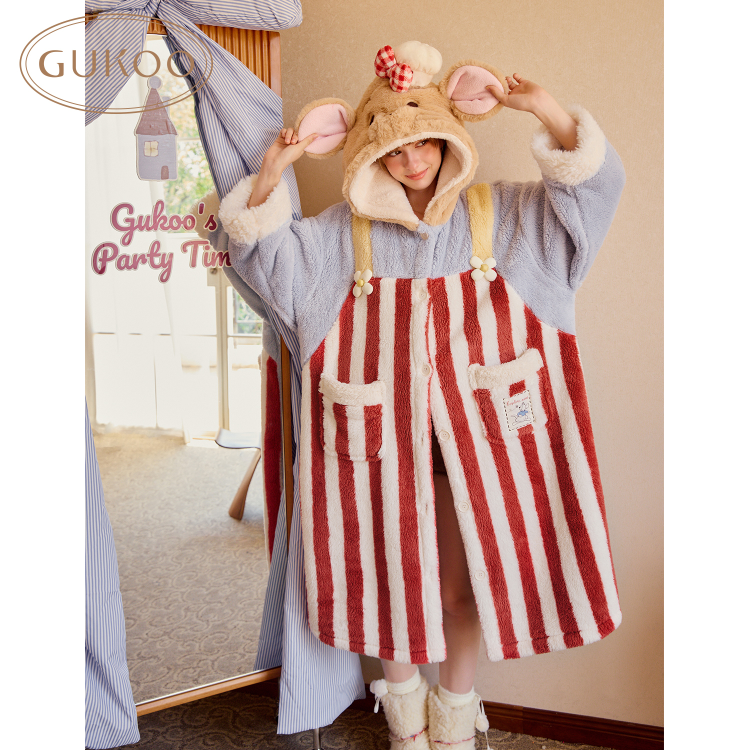 Gukoo/果壳 迪士尼联名小熊维尼冬季女款居家睡袍毛绒保暖居家