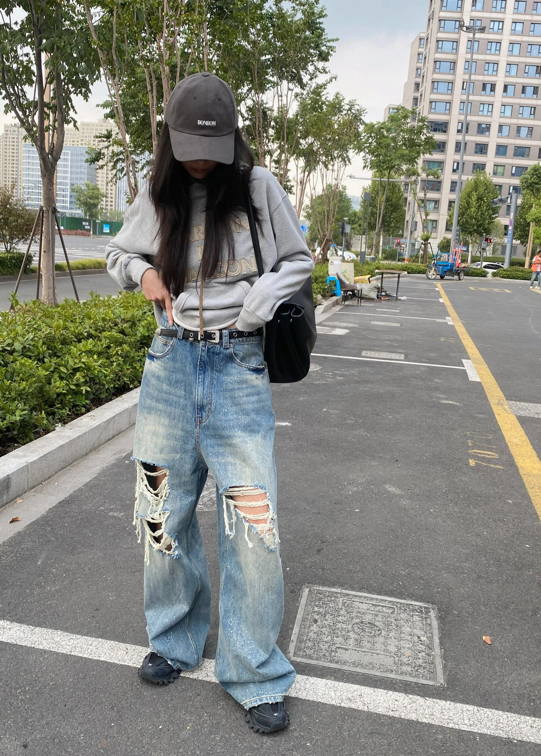 设计师新款蓝色星空银箔破洞流苏直筒裤长裤牛仔裤女