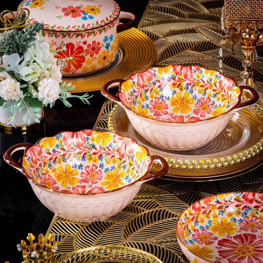 外贸出口【Diacelain】高端餐具釉下彩蒲公英十英寸双耳镂空汤碗