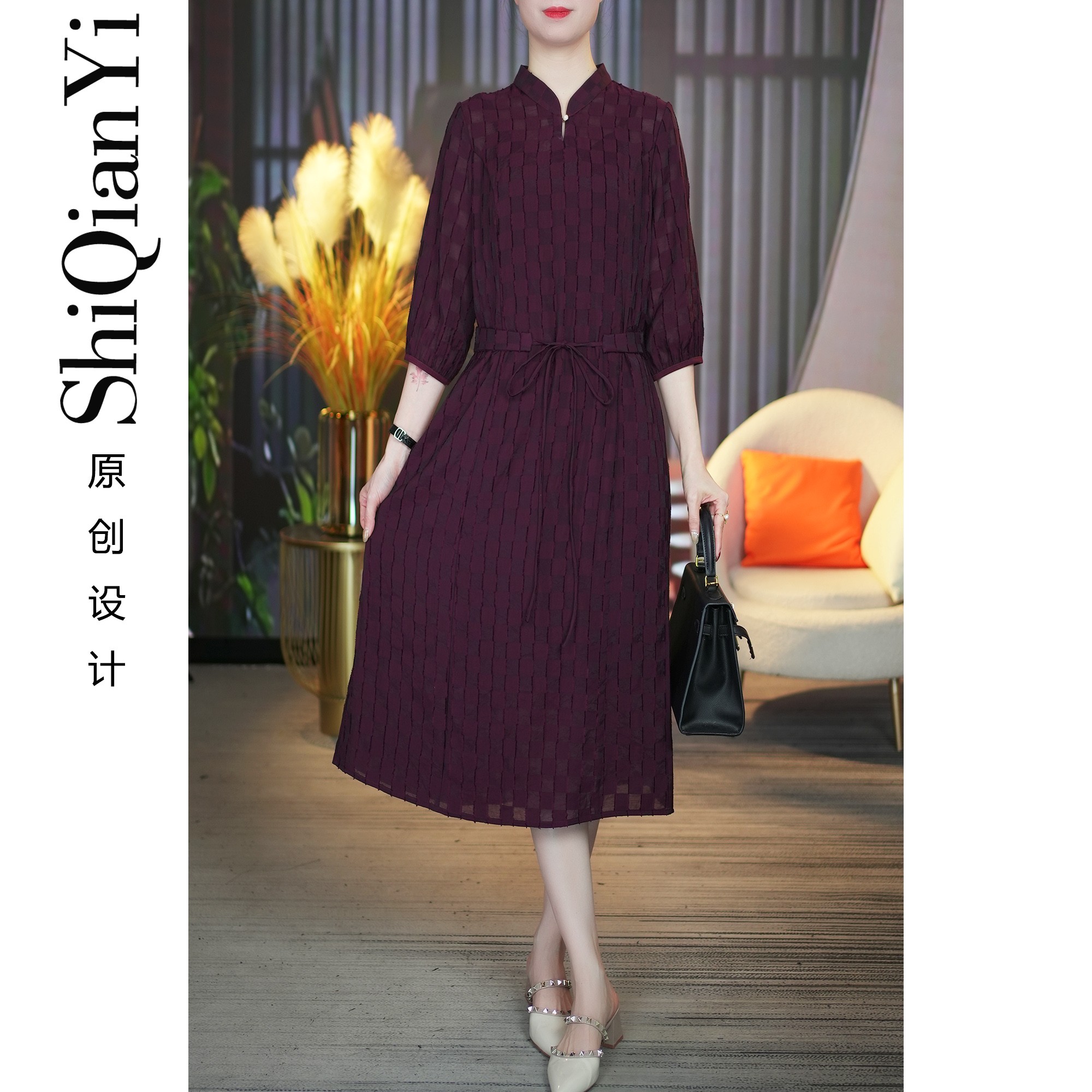 【诗千逸】洋气优雅显瘦时尚高贵气质贵妇人酒红色连衣裙A1215-0