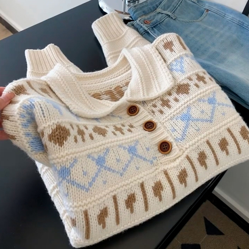 【现货+运补】软糯提花费尔岛毛衣女春秋季polo翻领针织衫上衣9059