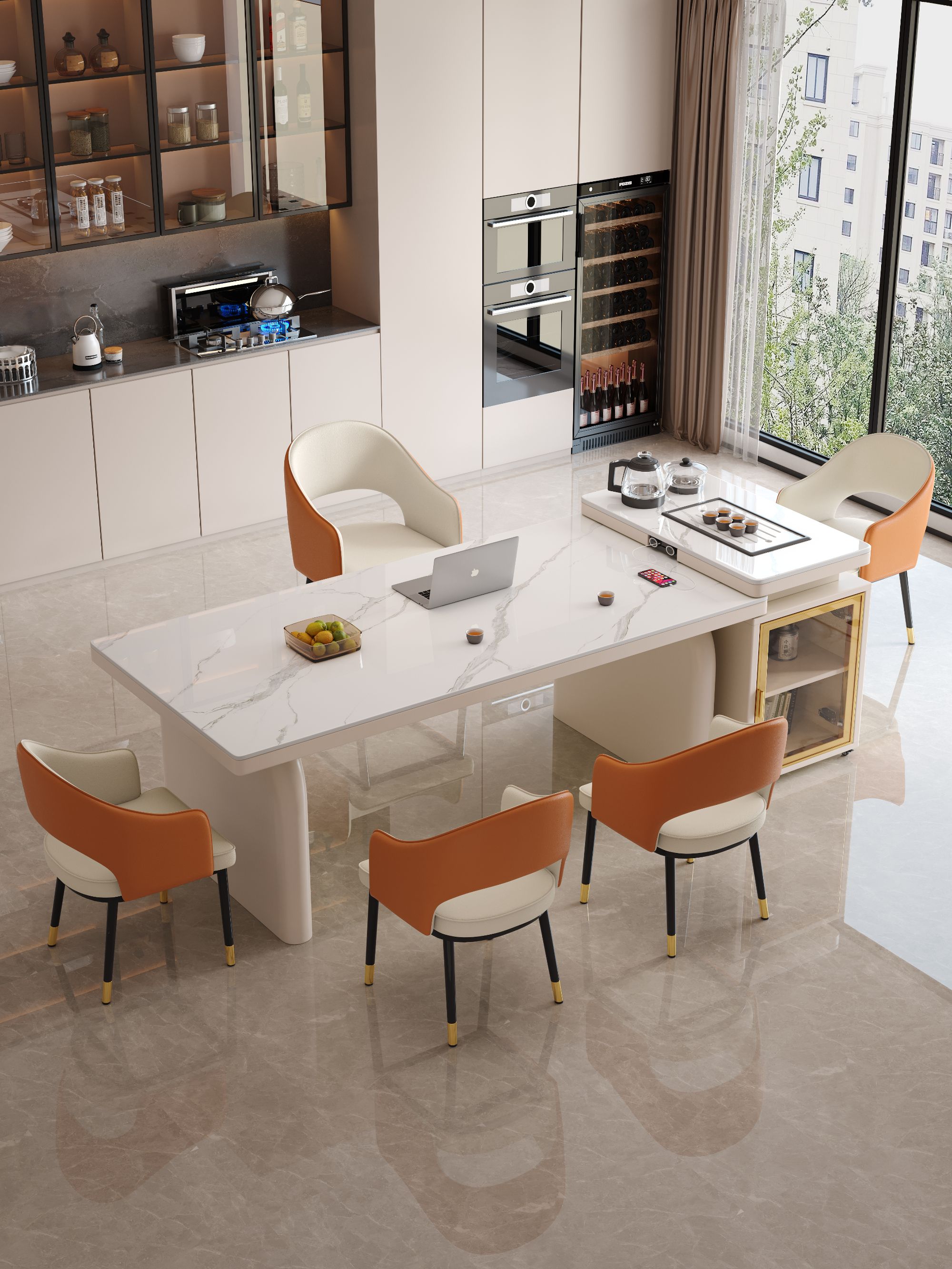 岩板茶桌椅组合一桌五椅轻奢现代简约烧水壶一体办公室茶台泡茶桌