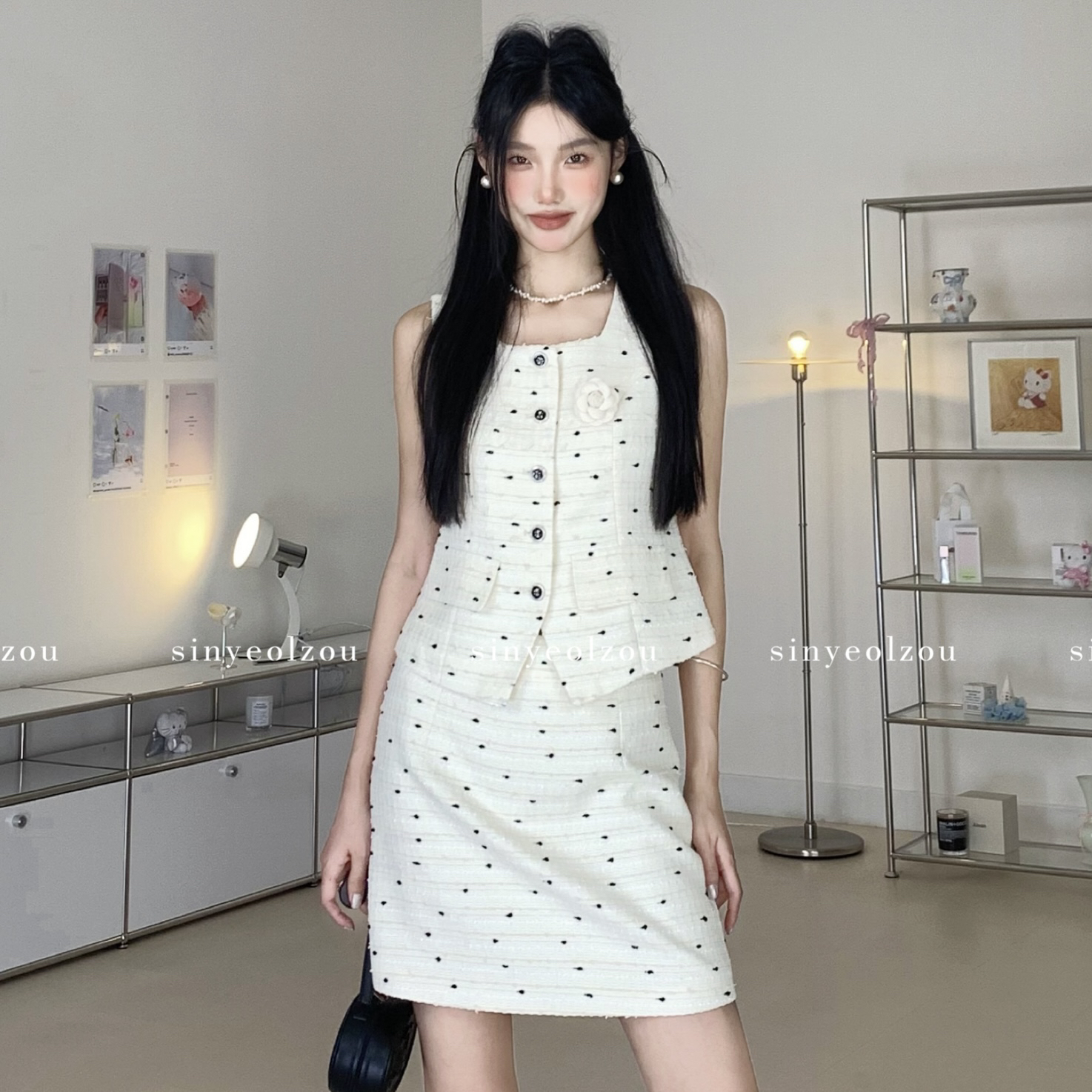 sinyeolzou 小香波点马甲半裙套装 #7019
