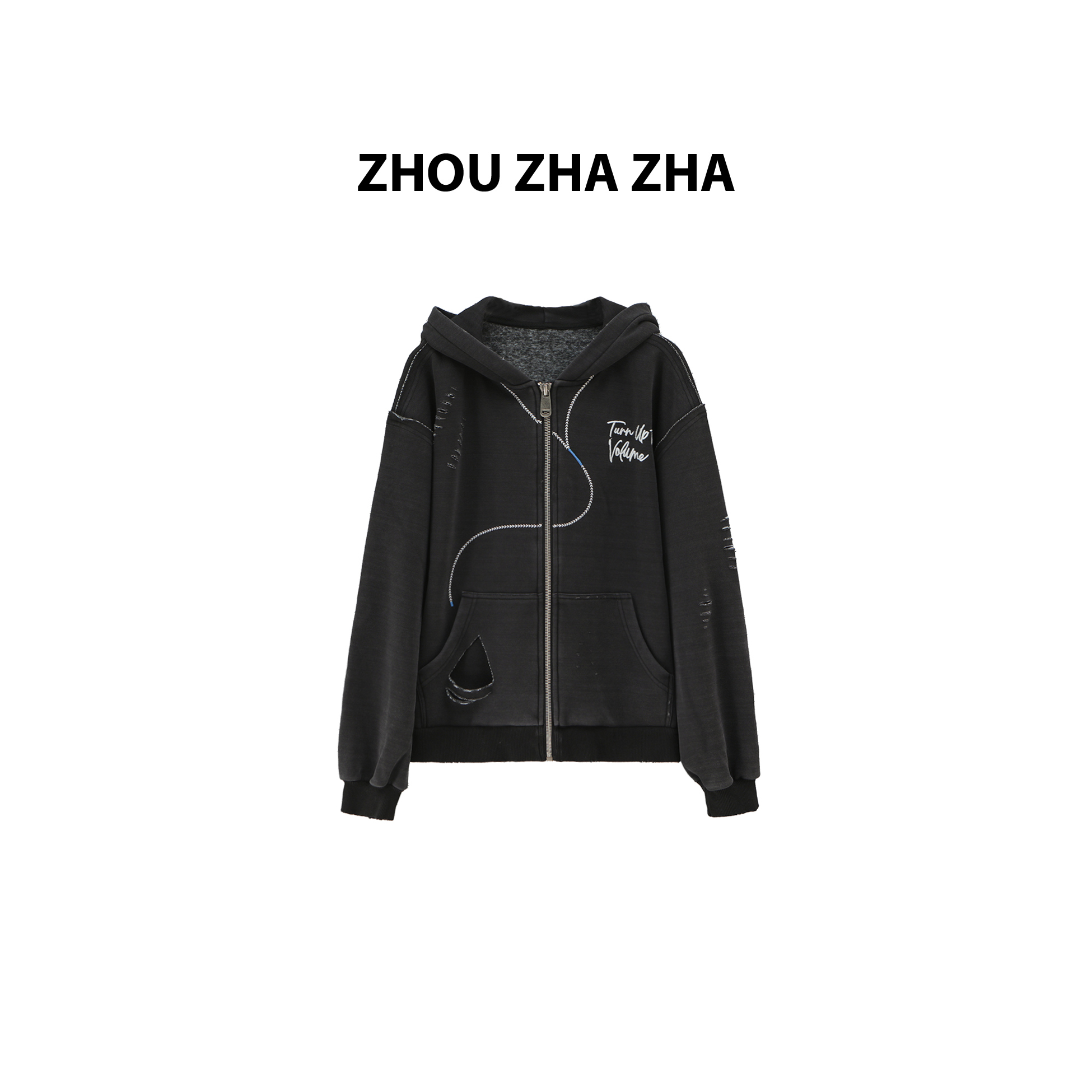【周炸炸】涂鸦勋章水洗做旧破洞废土开衫卫衣女#248249