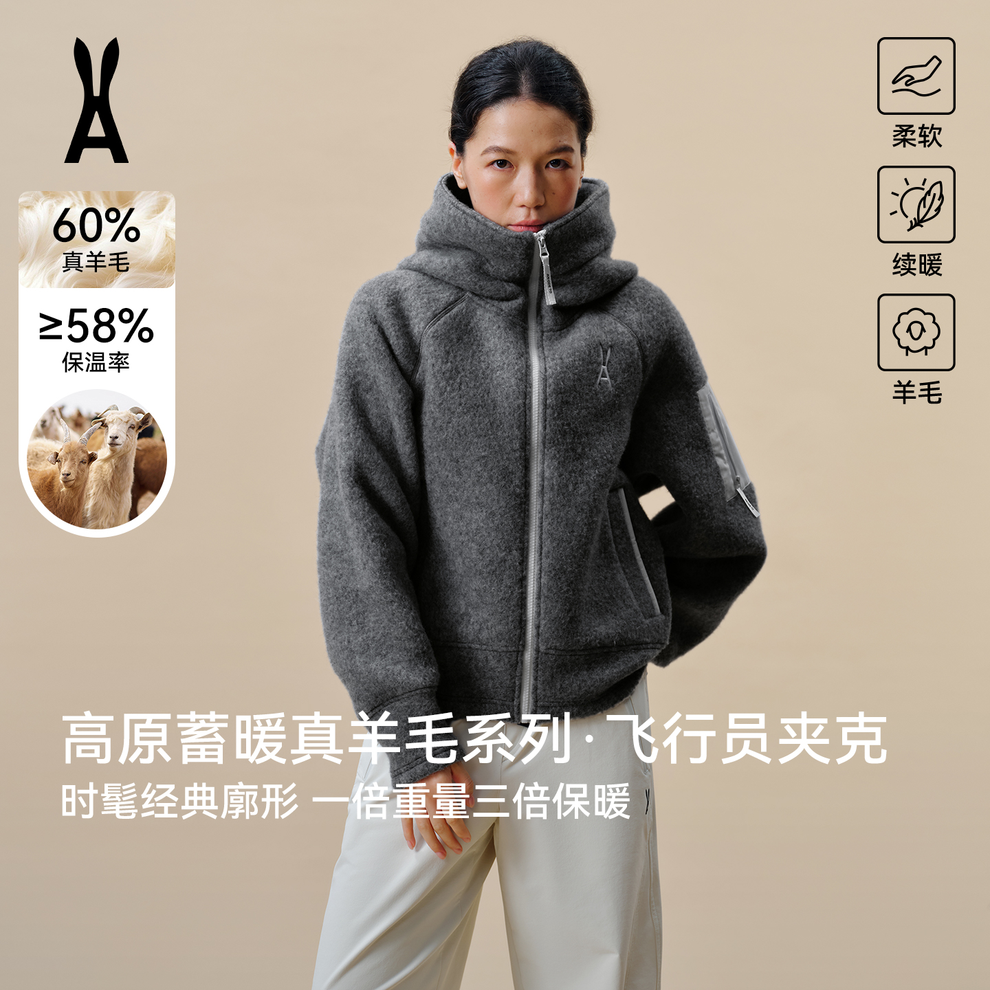 an ode to高原蓄暖真羊毛系列 飞行员夹克毛呢拉链单件抓绒外套