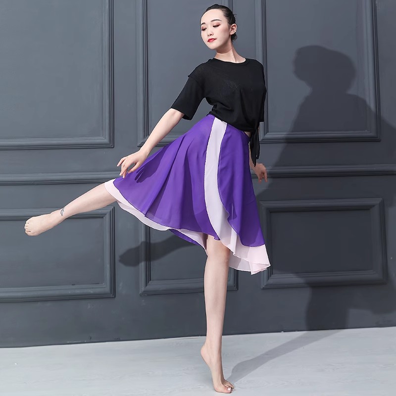 两面穿拼色雪纺舞蹈裙现代形体舞蹈练功服一片式舞蹈裙半身裙长裙