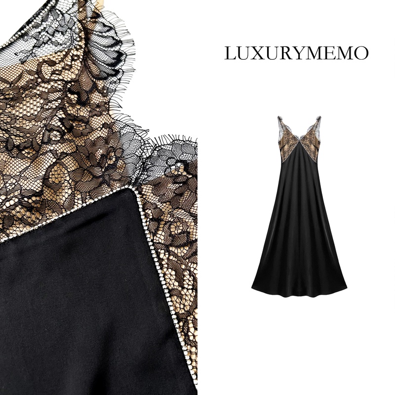 LUXURYMEMO【刘熊熊】早春 性感大露背拼接蕾丝吊带连衣裙