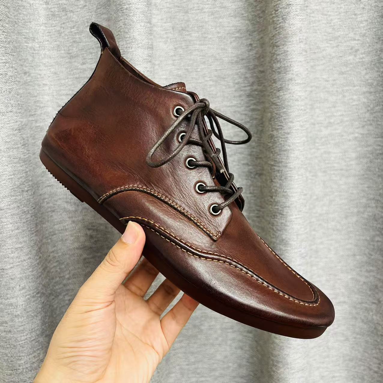 高帮休闲马皮固特异商务复古做旧乐福鞋系带男士皮鞋鞋子秋冬