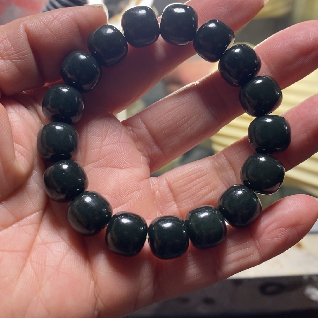 团***爹和田玉未镶嵌手链新疆和田黑青玉卡12老型手串
