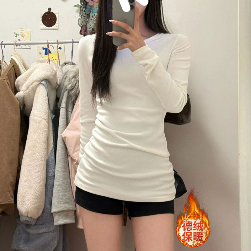 白色正肩长袖T恤女秋冬内搭中长款打底衫遮屁股修身百搭加厚上衣
