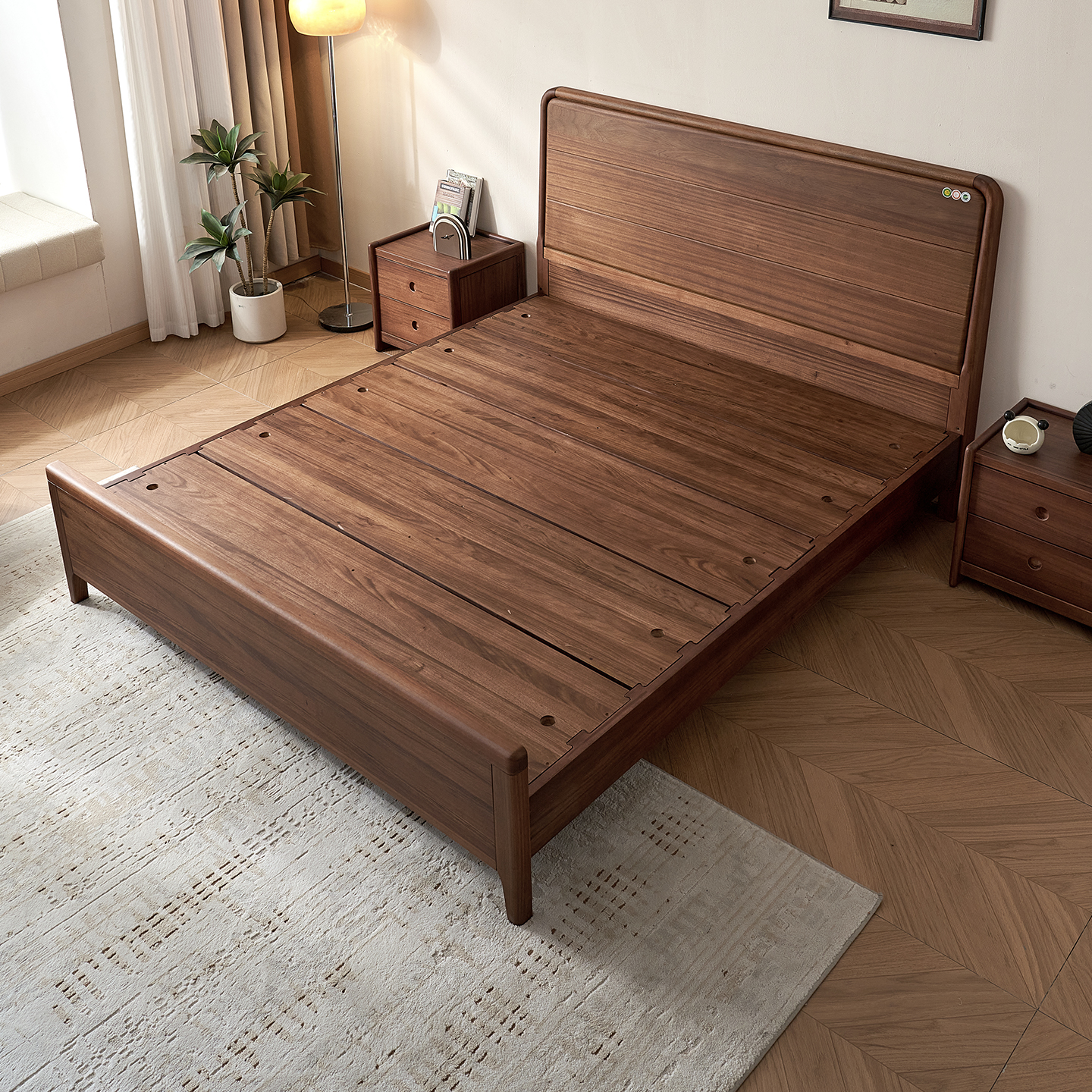 实木床乌金木主卧现代简约双人油漆满铺床板新中宋式家用LY F01