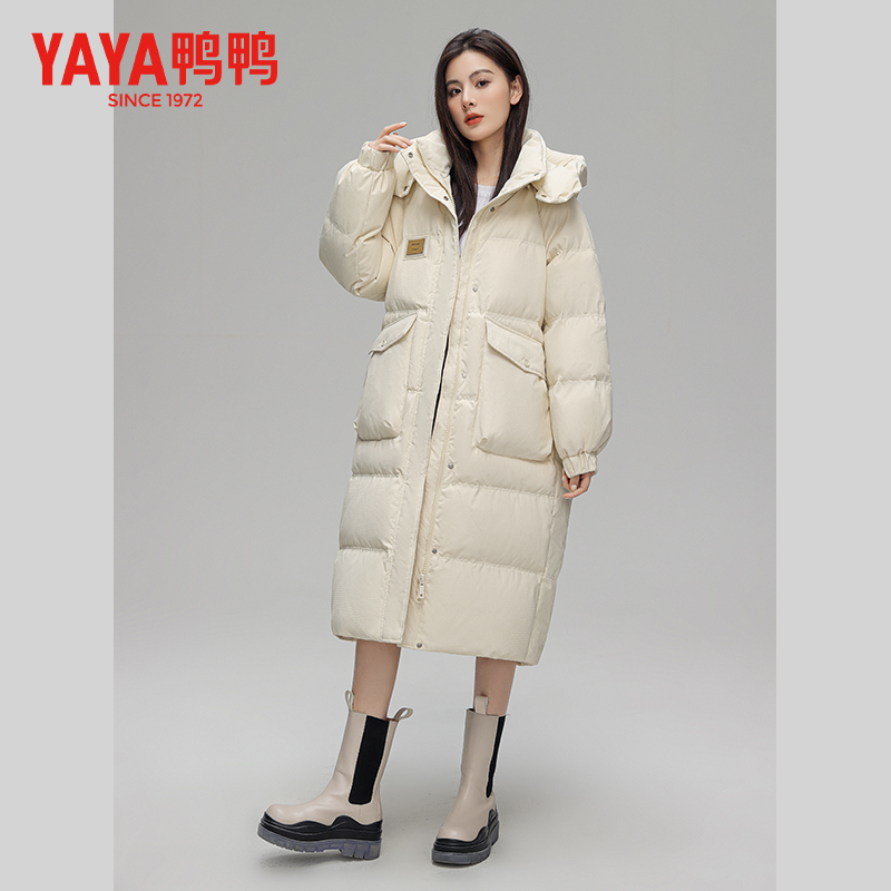 YAYA/鸭鸭防风舒适韩版保暖轻暖感气质连帽长款羽绒服YE2B627621A