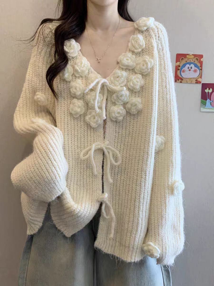 毛衣开衫款毛针织衫针织V领宽松秋季洋气女装花朵