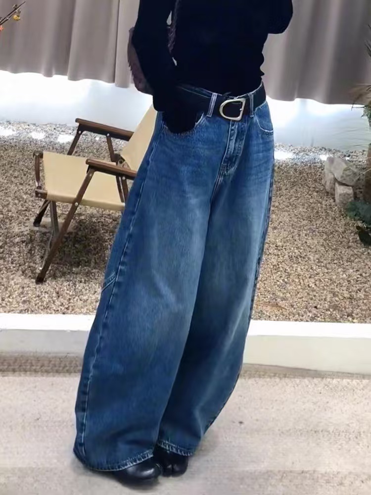 高腰厚款做旧中高腰性感风牛仔裤蓝色百搭宽松直筒