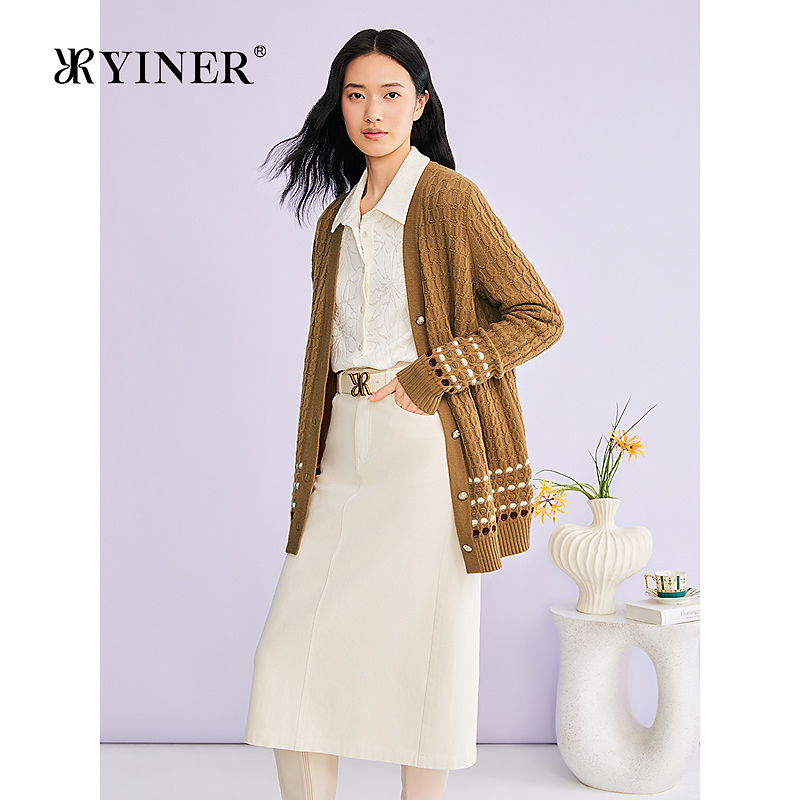 YINER音儿专选2026春季新款法式一手长V领羊毛羊绒混纺针织开衫