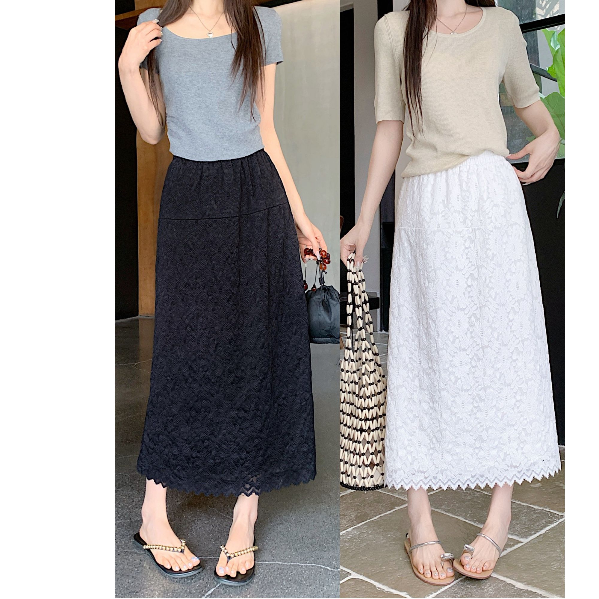 8091-夏女装显瘦微胖大码蕾丝A子裙半身裙