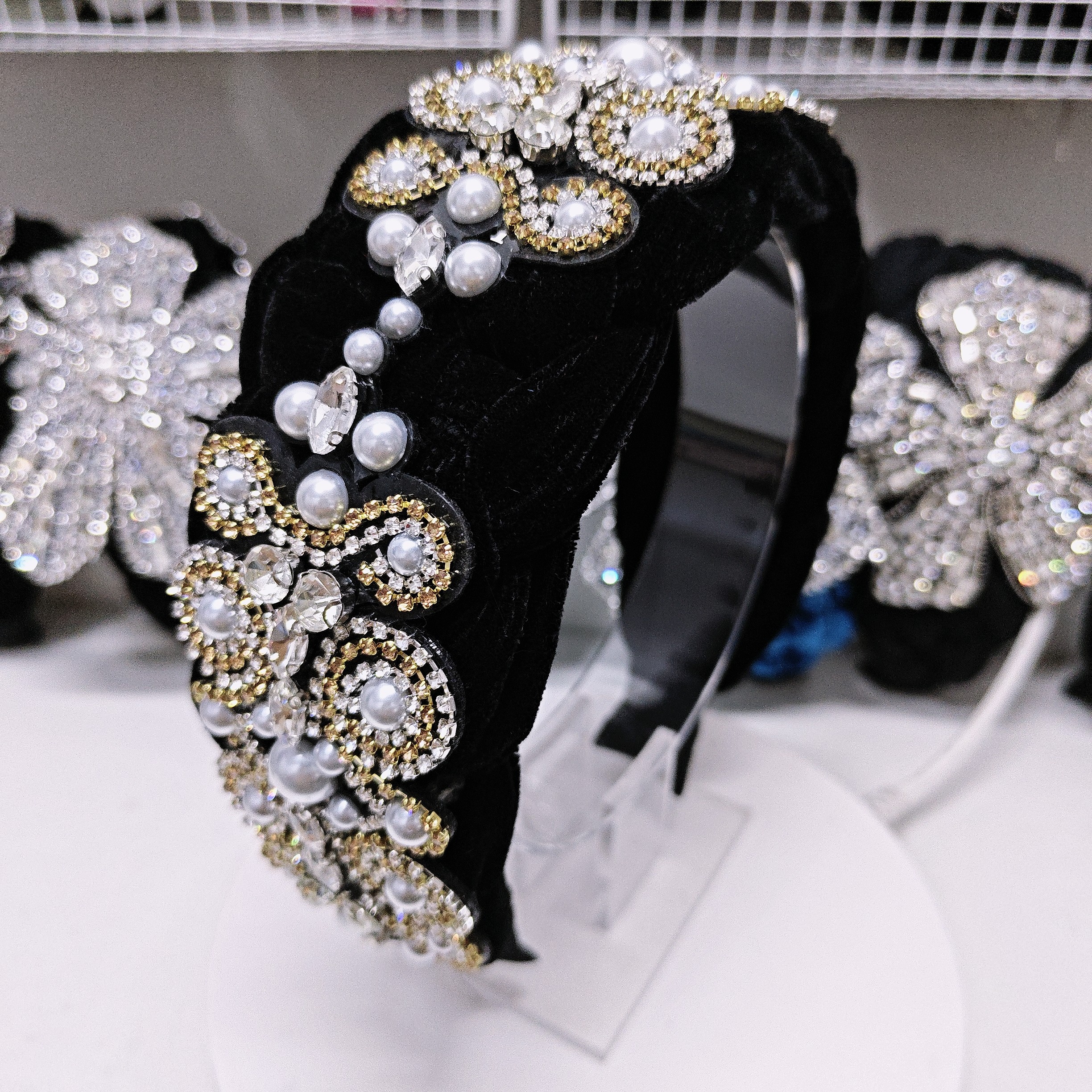 高档轻奢水钻洋气高级感发箍丝绒编织宽边高颅顶遮白发头饰发卡