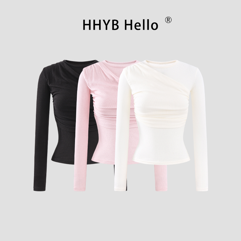 HHYB Hello别致感圆领假两件抽褶针织衫女薄软长袖T恤250926