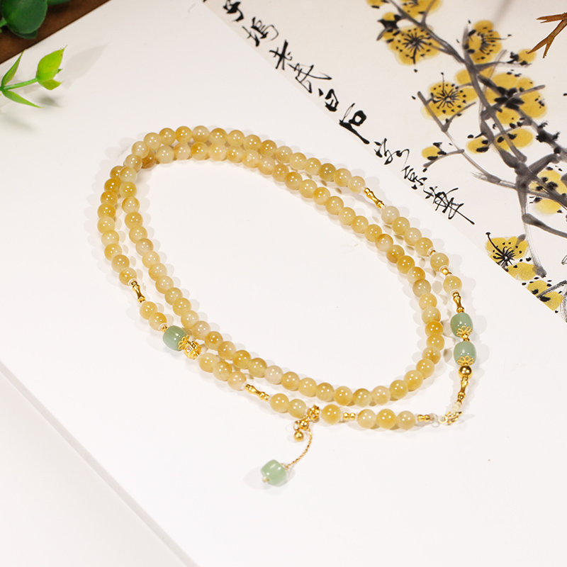 【叶叶珠宝】053和田玉糖白圆珠18K金项链卡5周长56cm