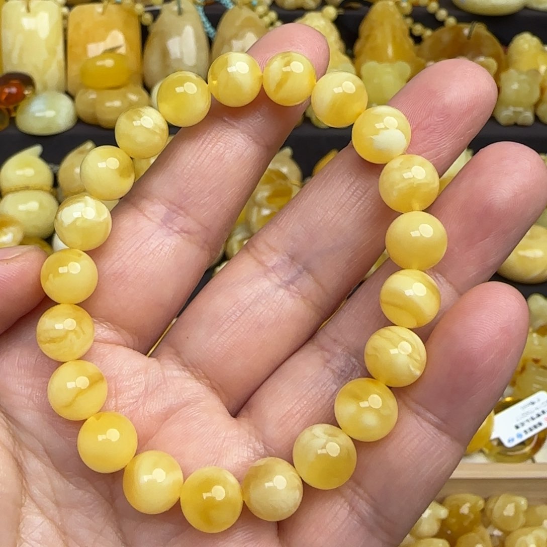 蜜蜡手链未镶嵌天然俄料鸡油黄妖花蜜蜡手串