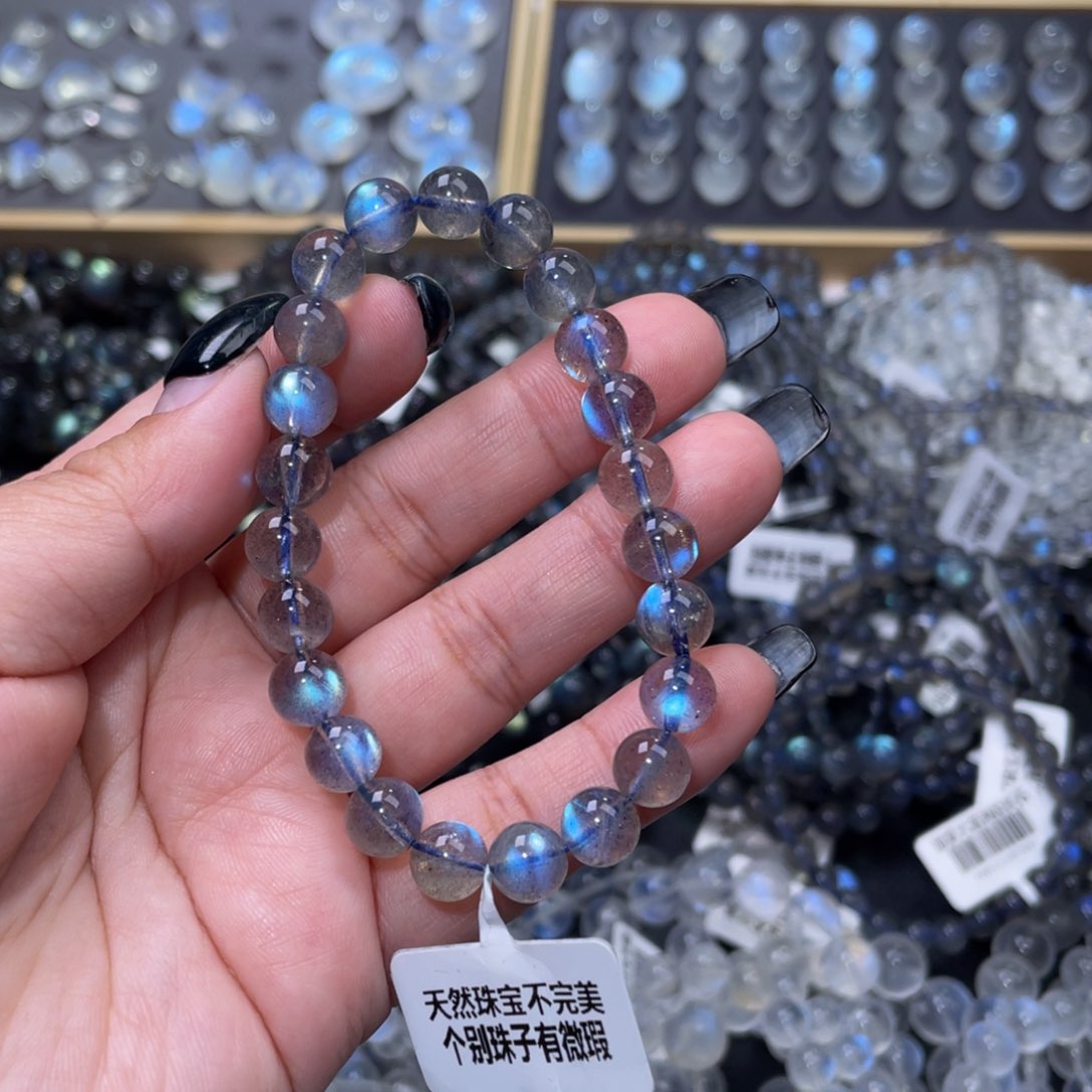 拉长石手链未镶嵌C冰透体灰月光手链纯蓝光8mm