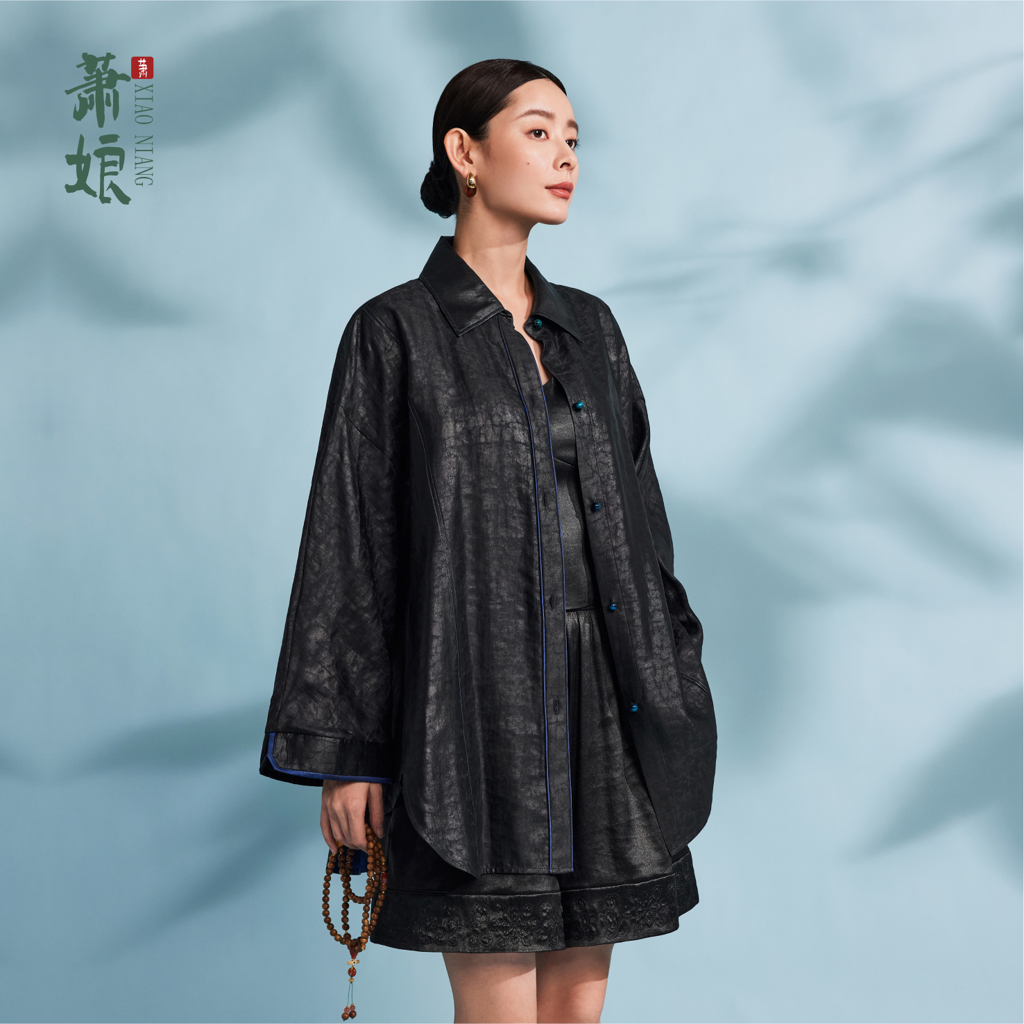 萧娘【澜桉】缎龟香云纱新中式长袖外套桑蚕丝衬衣国风女上衣1681