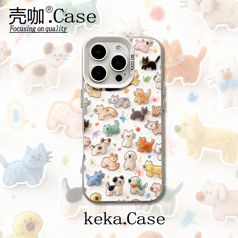 毛茸小猫狗彩银壳适用苹果17手机壳15/16pro华为oppo小米vivo女款