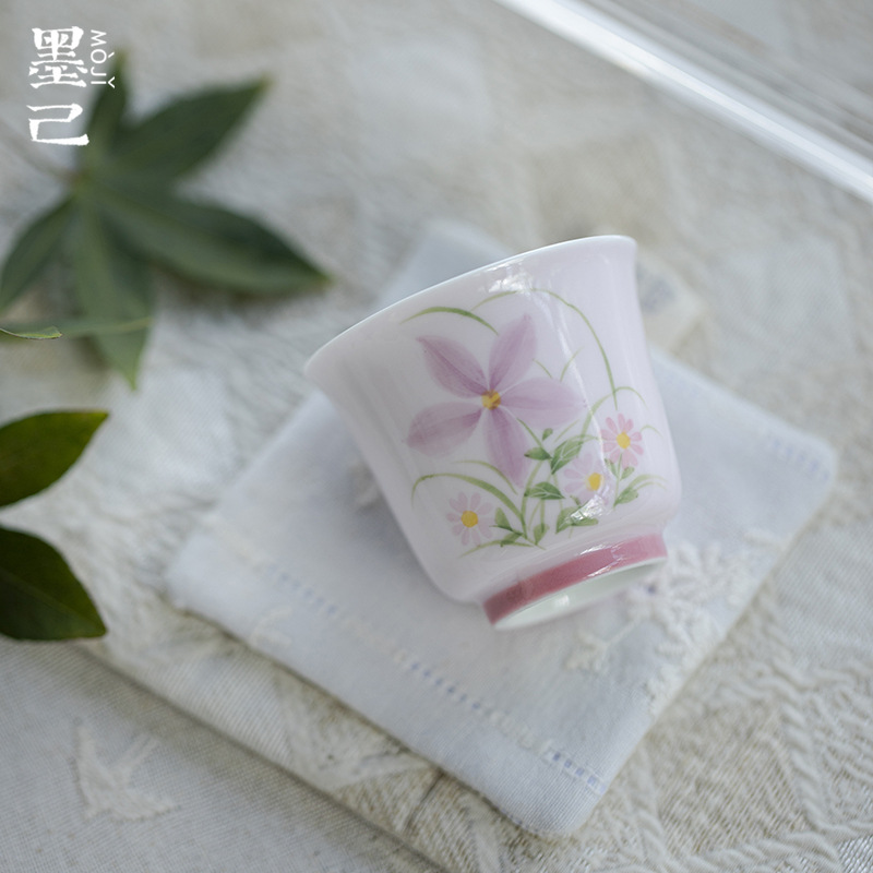 墨己杏粉悠绽粉韵陶瓷茶杯高档逸文品茗杯文人茶器家用会客客杯