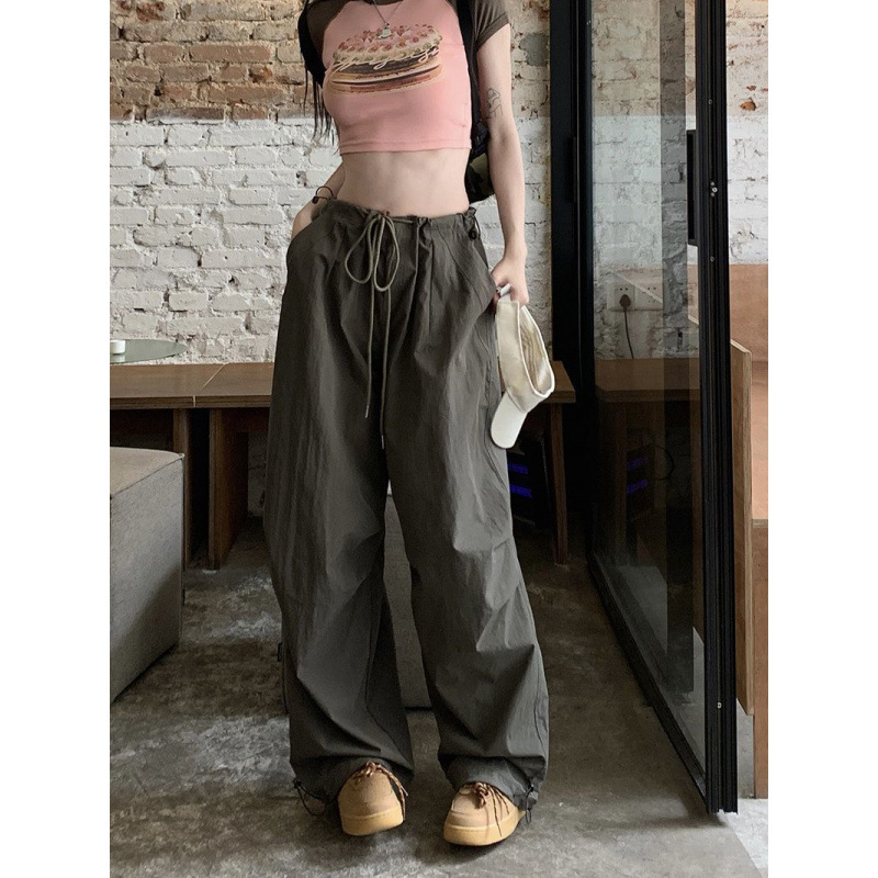 2025年新款高腰速干抽绳工装裤女降落伞高街嘻哈个性阔腿拖地长裤