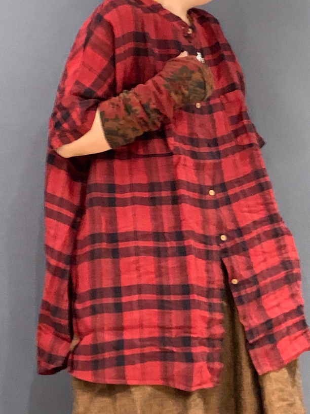 艾沸儿女装推荐@中长款亚麻百搭格子短袖衬衫