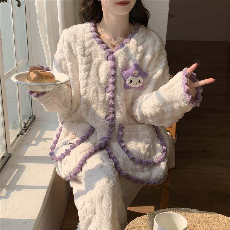 2025新款秋冬季睡衣女珊瑚绒加厚V领外穿法兰绒家居服套装