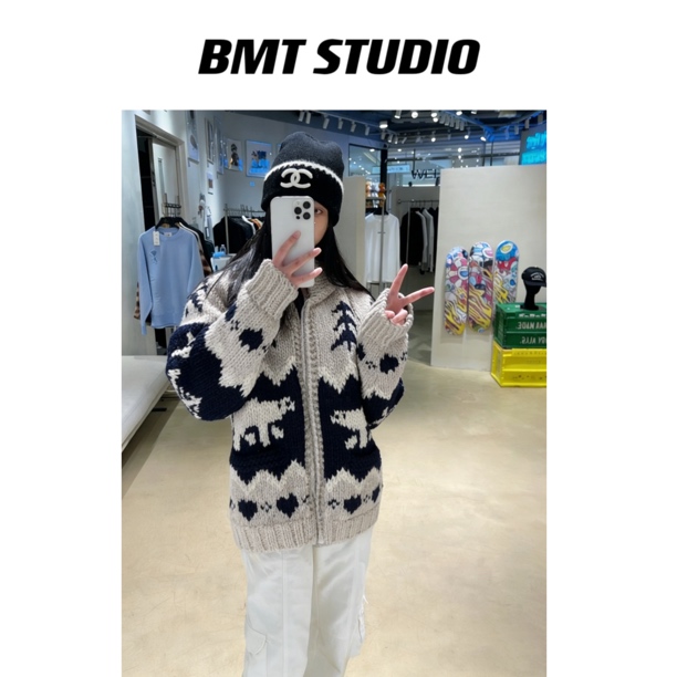 【燕麦北极熊】“抗风内衬+100%澳洲美丽奴羊毛+匠人纯手工毛衣外套