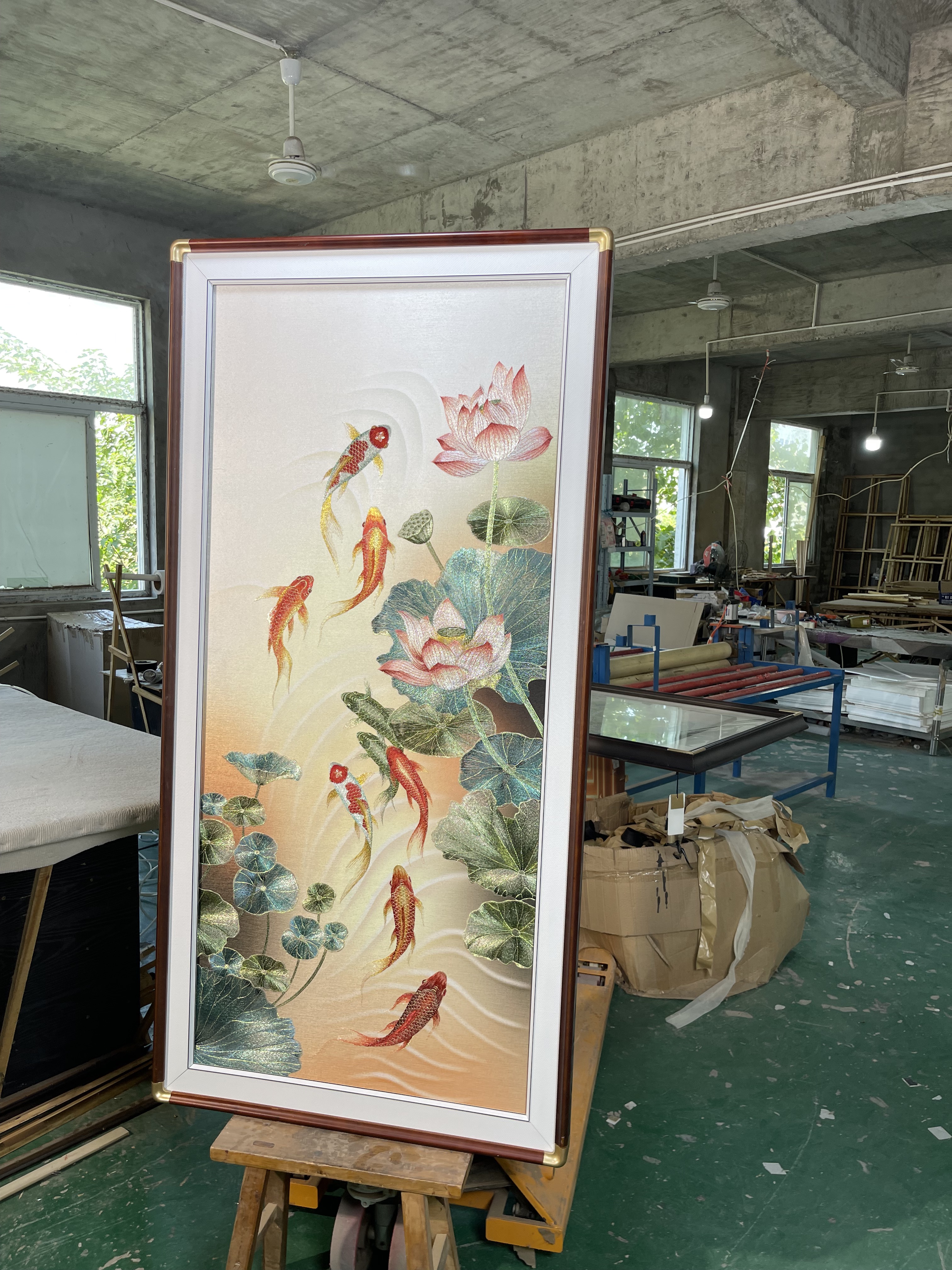织锦绣九鱼荷花新中式刺绣玄关装饰画富贵手工现代客厅挂画