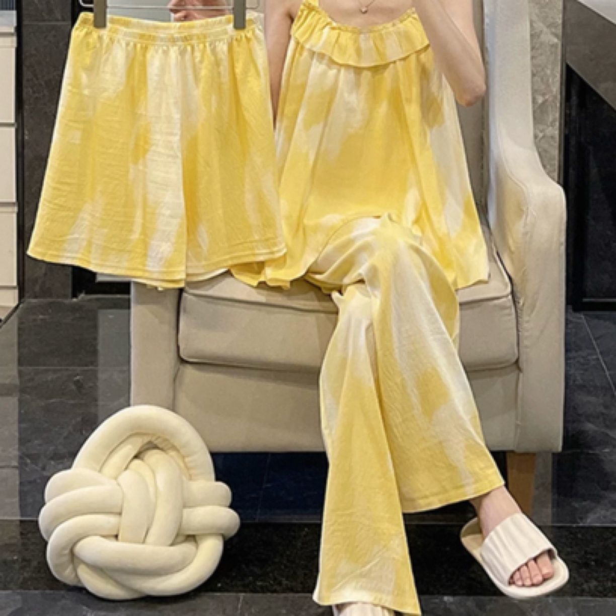 夏季黄色晕染可外穿带胸垫吊带三件套家居服睡衣