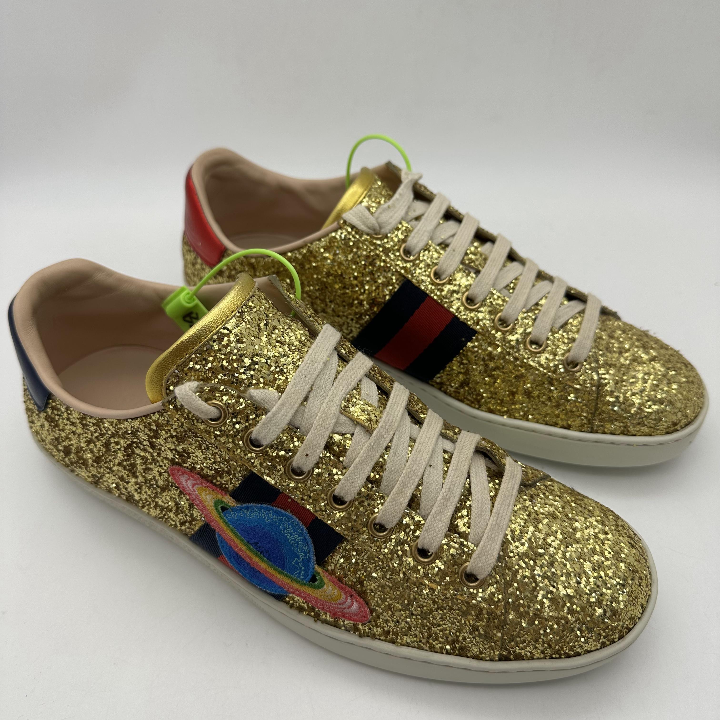 95新 GUCCI/古驰 40欧码/男士时尚金色亮片系带刺绣休闲板鞋