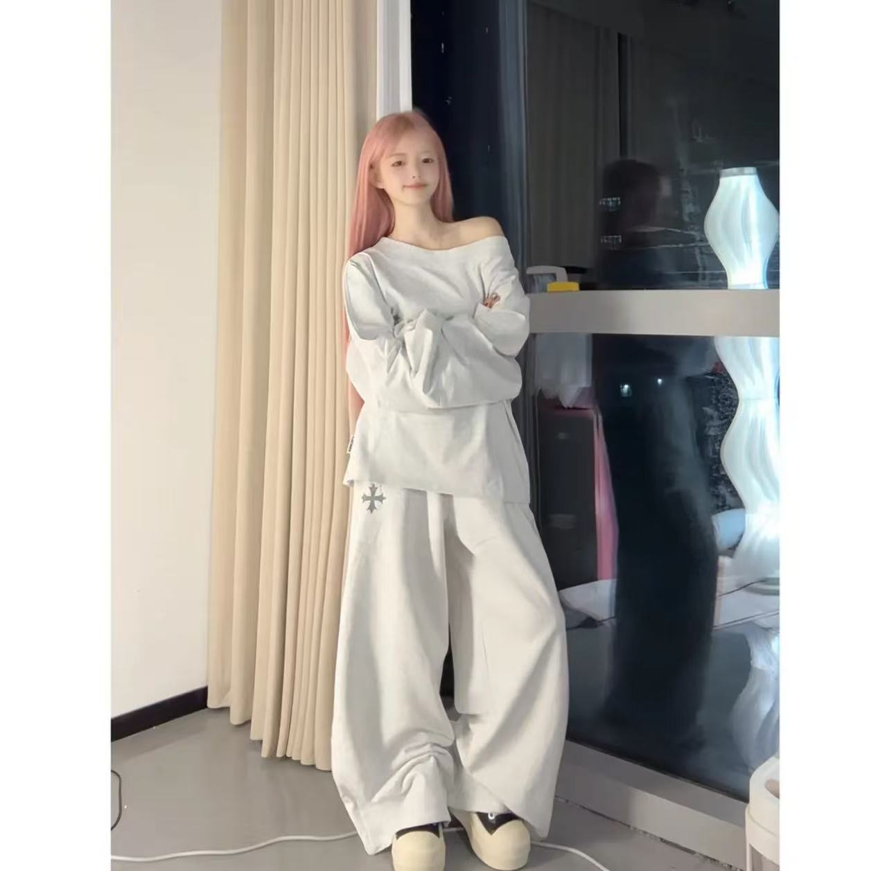 【露露专属】秋冬新款慵懒风时尚斜肩宽松长袖阔腿长裤运动套装女装