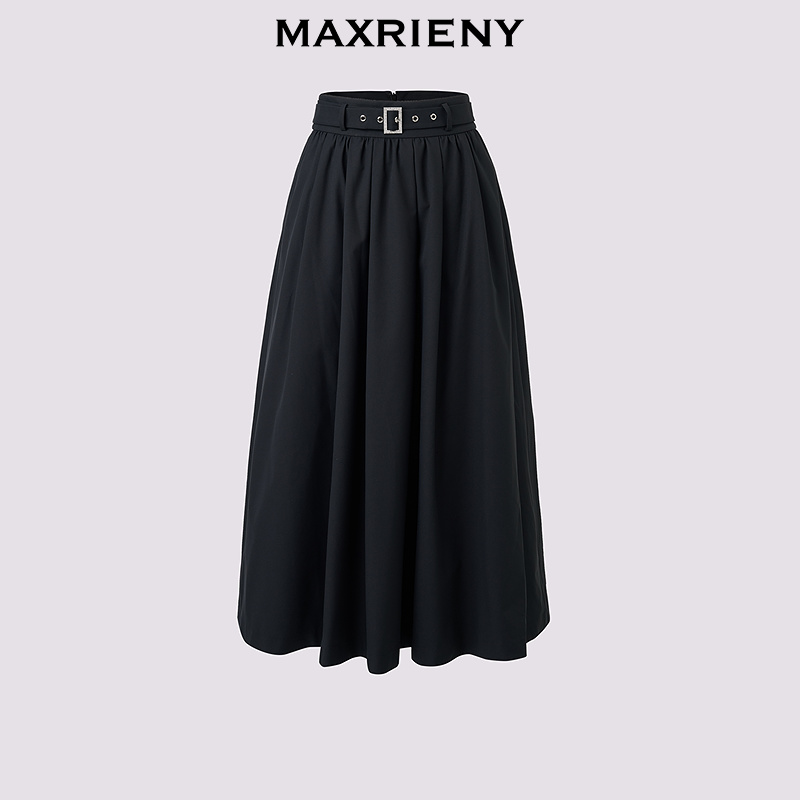 MAXRIENY【商场同款-2025秋季新款】复古通勤赫本风抽褶大伞裙通勤