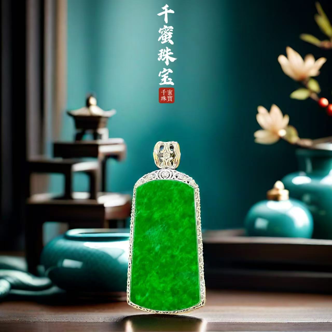 18k天然缅甸A货翡翠白金无事牌吊坠