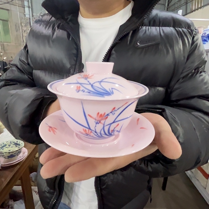 瓷片景德镇陶瓷红嘻嘻兰花盖碗一套